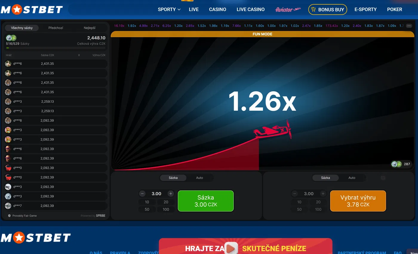 Mostbet Aviator rozhraní